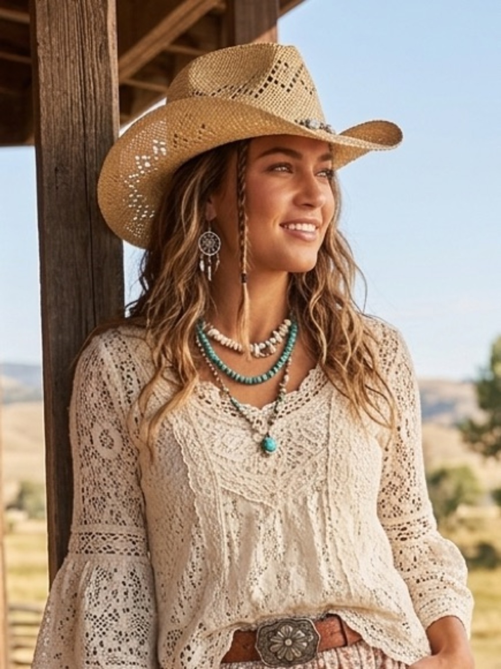 Boho Straw Cowboy Hat Beaded Stone Band Festival and Beach Ready